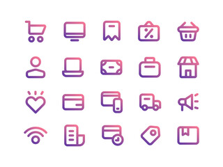 E-Commerce and Online Shopping Icon Pack in Gradient Outline Style Perfect for Websites, Landing Pages, Mobile Apps, and Presentations. Suitable for User Interface or User Experience UI UX.