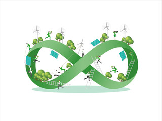 ESG sustainability business, green energy, sustainable industry with windmill and solar energy panels. Environmental, Social, and Corporate Governance concept. People construction vector illustration.