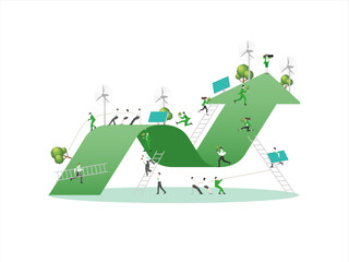 ESG sustainability business, green energy, sustainable industry with windmill and solar energy panels. Environmental, Social, and Corporate Governance concept. People construction vector illustration.