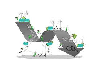 ESG sustainability business, green energy, sustainable industry with windmill and solar energy panels. Environmental, Social, and Corporate Governance concept. People construction vector illustration.