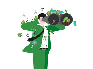 ESG sustainability business, green energy, sustainable industry with windmill and solar energy panels. Environmental, Social, and Corporate Governance concept. People construction vector illustration.