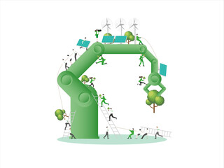 ESG sustainability business, green energy, sustainable industry with windmill and solar energy panels. Environmental, Social, and Corporate Governance concept. People construction vector illustration.