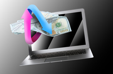 Online money exchange. Pink and light blue arrows pointing in different directions wrapping dollar...