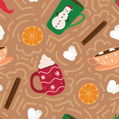 Seamless pattern with cups of hot chocolate, marshmallows and spices on brown background