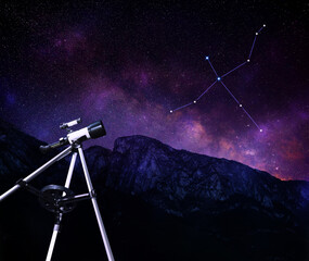 Swan (Cygnus) constellation in starry sky over mountains at night. Stargazing with telescope, low angle view © New Africa