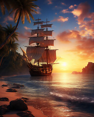 Fototapeta premium calm sea at tropical beach in sunset, a huge pirate sailing ship sailed above it, reflection, coconut trees, beautiful sky, hyper realistic, dramatic light and shadows
