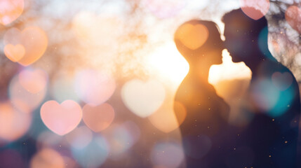 Obraz premium Silhouette of a couple in love with heart bokeh background