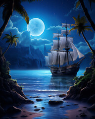 calm sea at tropical beach in the night with the moon and stars, a huge pirate sailing ship sailed...