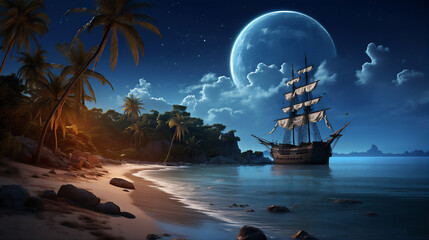 calm sea at tropical beach in the night with the moon and stars, a huge pirate sailing ship sailed above it, reflection,  coconut trees, beautiful sky, hyper realistic, dramatic light and shadows - obrazy, fototapety, plakaty
