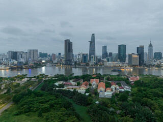 Obraz premium Aerial skyline view of Ho Chi Minh city during twilight period, Sai Gon cityscape