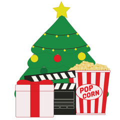 Christmas tree with bucket of popcorn, gift and movie clapper on white background