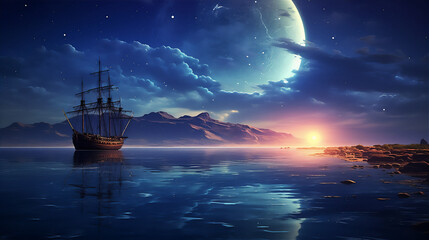 Obraz premium calm sea at tropical beach in the night with the moon and stars, a huge pirate sailing ship sailed above it, reflection, coconut trees, beautiful sky, hyper realistic, dramatic light and shadows