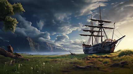 wood old sailing ship stranded in the middle of green meadow, hill at sunset, dreamy sunset sky,...