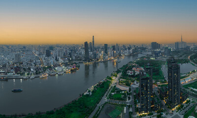 Aerial skyline view of Ho Chi Minh city during twilight period, Sai Gon cityscape