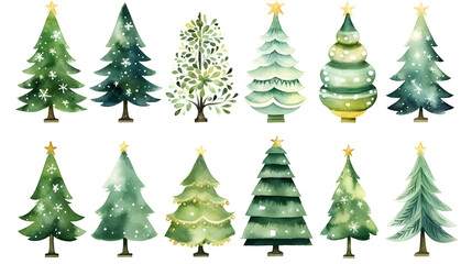 Watercolor christmas trees set isolated on white background