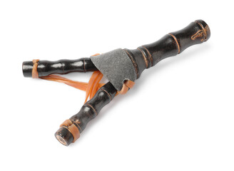 Black wooden slingshot with leather pouch on white background