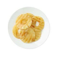 Tasty grilled pineapple slices isolated on white, top view