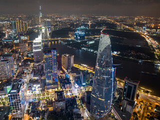 Aerial skyline view of Ho Chi Minh cityscape, Sai Gon cityscape at night