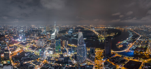 Aerial skyline view of Ho Chi Minh cityscape, Sai Gon cityscape at night - obrazy, fototapety, plakaty