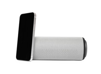 Portable bluetooth speaker and smartphone isolated on white. Audio equipment