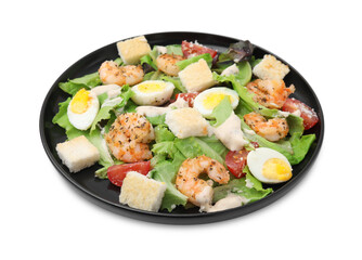Fototapeta na wymiar Delicious Caesar salad with shrimps isolated on white