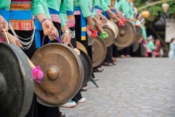 Gongs - traditional Vietnam musical instruments, at a outdoor festival