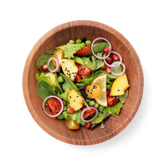 Delicious salad with peach, green peas and vegetables in bowl isolated on white, top view