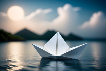 An origami paper boat on the lake