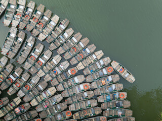 Aerial view of rowing boats in Trang An, Ninh Binh province