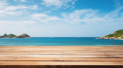 Fototapeta premium A Wooden Table With Blurred Tropical Beach Background For Product Display - Generative Ai
