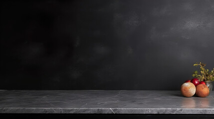 Black Marble Countertop With Fruit On It With A Blank Black Background, Product Display - Generative Ai