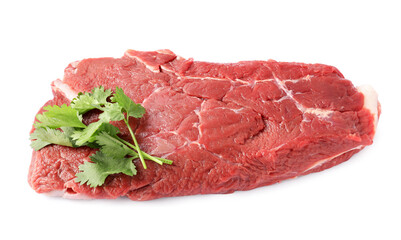 Piece of raw beef meat with parsley isolated on white