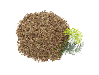 Pile of dry seeds and fresh dill isolated on white, top view