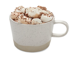 Delicious hot chocolate with marshmallows and cocoa powder isolated on white
