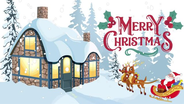 Animated Video Footage, Snowfall on Christmas Day, with an animation of Santa wearing a sleigh pulled by reindeer and Merry Christmas greetings 