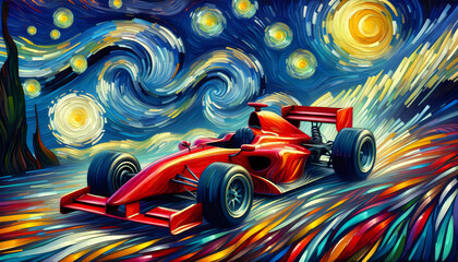 Post-Impressionism painting of a red race car in motion with a swirling starry sky background.