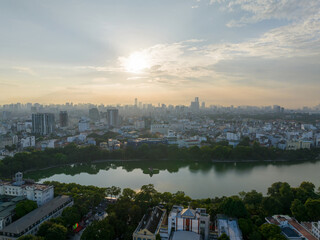 Naklejka premium Aerial skyline view of Hoan Kiem lake ( Sword, Ho Guom lake), in center of Hanoi, Vietnam
