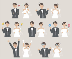 Fototapeta premium 結婚式イラスト、上半身の新郎新婦、表情バリエーションセット