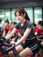 Fototapeta na wymiar Young woman exercise on exercise bike in fitness club