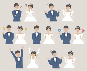 結婚式イラスト、上半身の新郎新婦、表情バリエーションセット