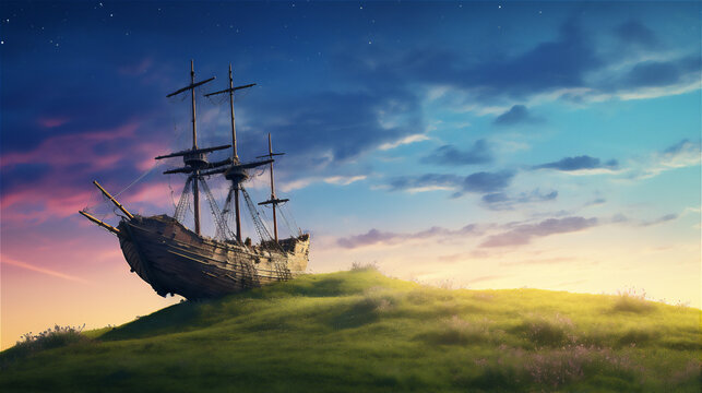 wood old sailing ship stranded in the middle of green meadow, hill at sunset, dreamy sunset sky, hyper realistic, dramatic light