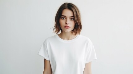 Fototapeta premium Modern Minimalism: Hipster Girl in White T-Shirt for Mockup. Generative ai