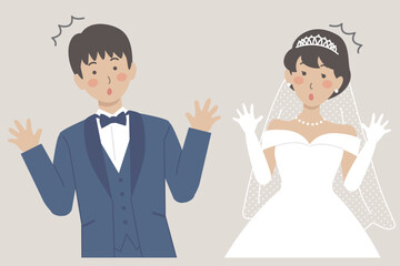 結婚式イラスト、ウェディング、両手を広げて驚く新郎新婦