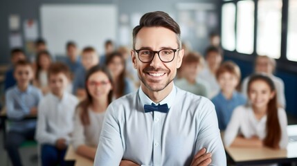 Smiling Male Teacher in Elementary Classroom with Students. Generative ai - obrazy, fototapety, plakaty
