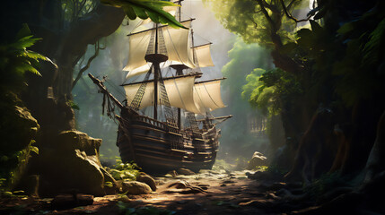wood old sailing ship stranded in the middle of tropical forest, giant trees, hyper realistic,...