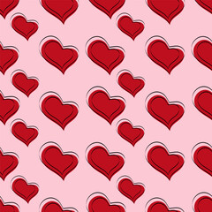 Seamless background with red hearts isolated on a pink background. Design for Valentine's Day.