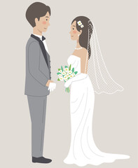 結婚式イラスト、向かい合う新郎新婦