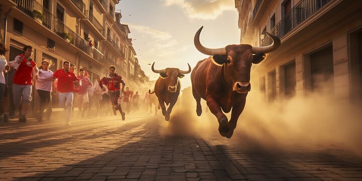 Fototapeta Thrilling Encierro: Runners and Bulls at San Fermin, Pamplona. Generative ai