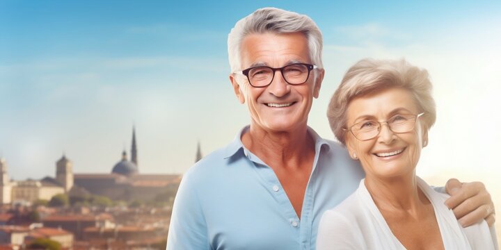Senior Couple Smiling in Front of European City: Cherished Moments Together. Generative ai
