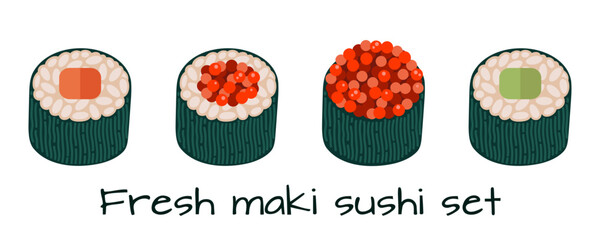 Maki sushi vector icon set. Tasty Japanese rolls with salmon, tuna, caviar, cucumber, avocado and rice wrapped in nori seaweed. Fresh Asian appetizer, fish delicacy. Cartoon seafood isolated on white © shamanistik_art